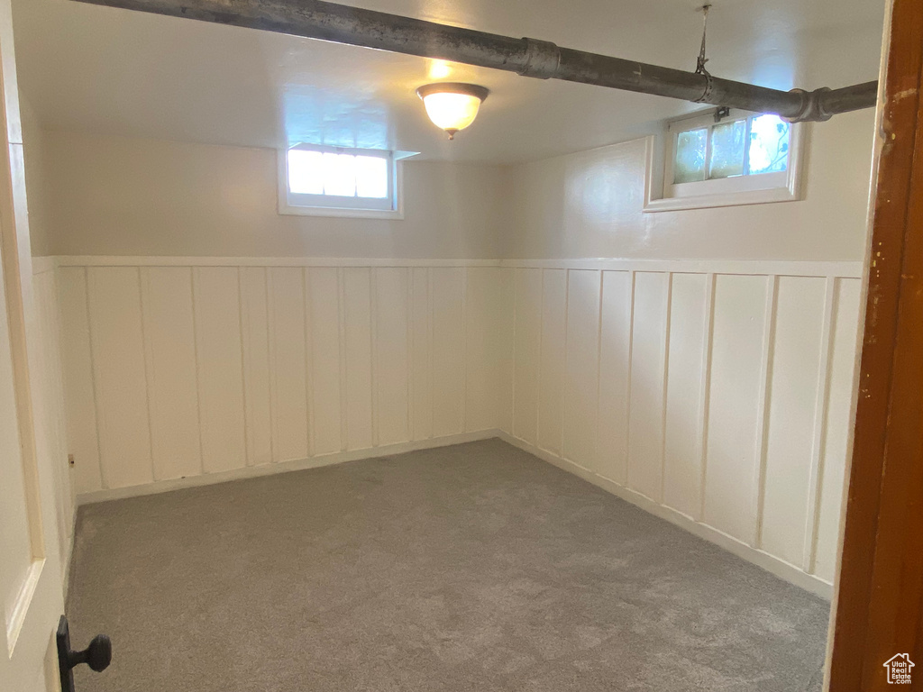 Basement featuring carpet and plenty of natural light