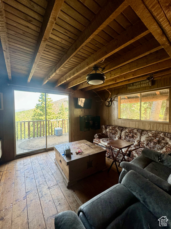 Living room with beam ceiling, wood walls, and a healthy amount of sunlight