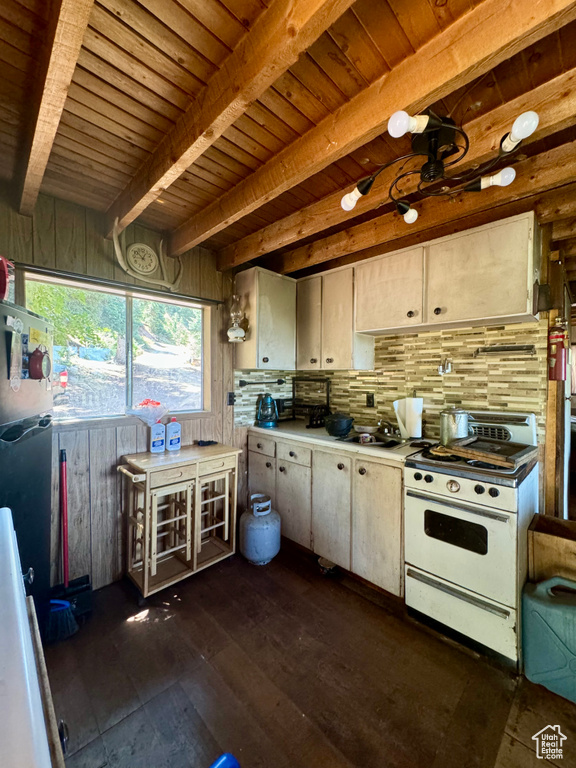 Kitchen featuring backsplash, dark hardwood / wood-style flooring, white gas range, beam ceiling, and wooden ceiling