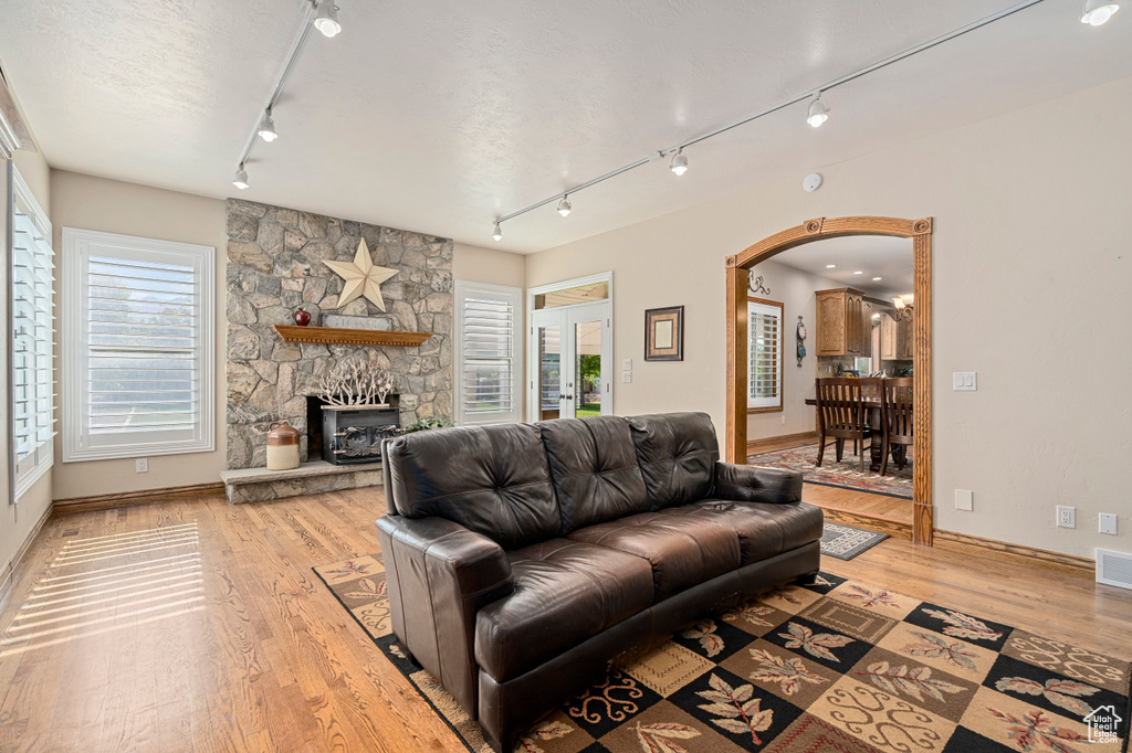 Living room featuring light wood-type flooring, rail lighting, and a healthy amount of sunlight