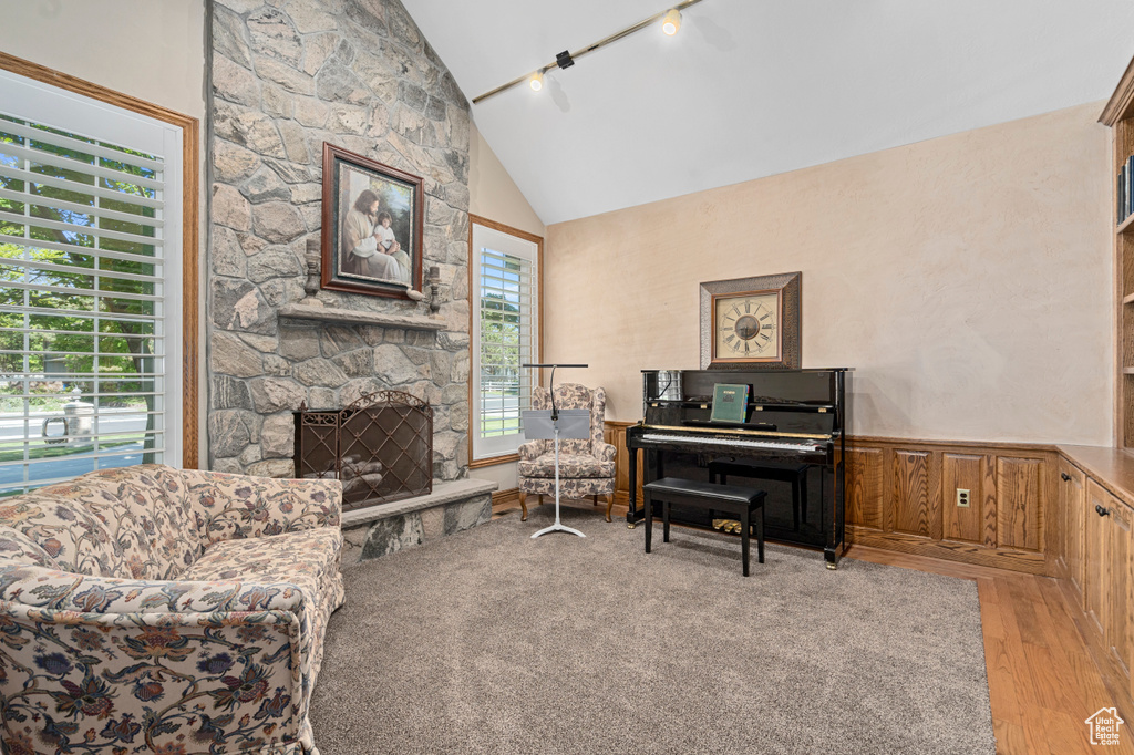 Office area with a stone fireplace, high vaulted ceiling, rail lighting, and light wood-type flooring