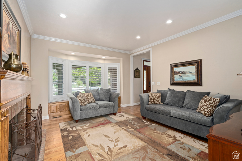 Living room featuring light wood-type flooring, crown molding, and a high end fireplace