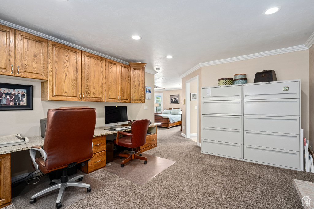 Office featuring ornamental molding and light carpet