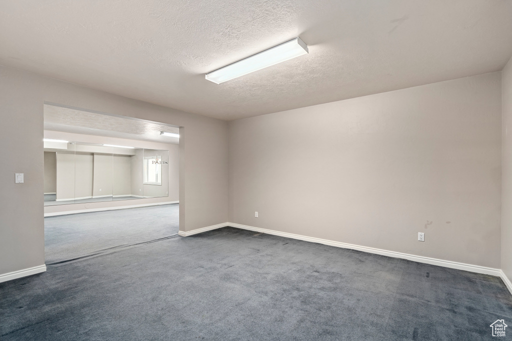 Spare room featuring a textured ceiling and carpet