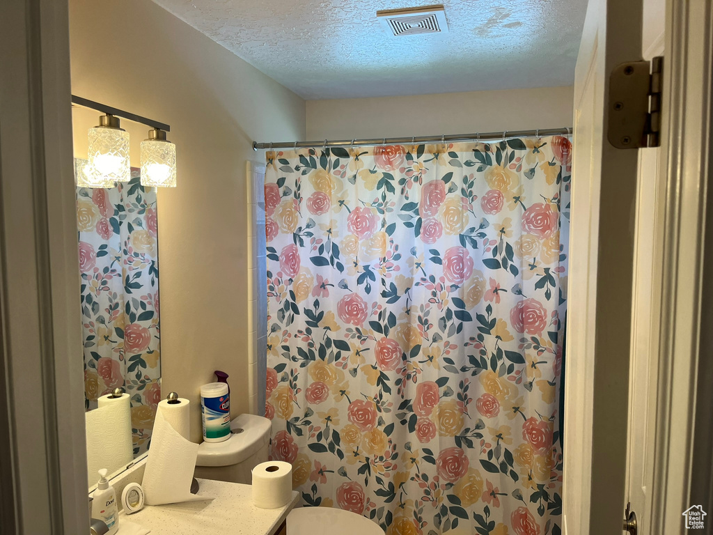 Bathroom with a textured ceiling, vanity, walk in shower, and toilet