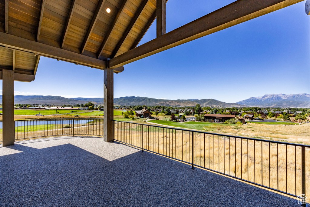 View of patio with a mountain view