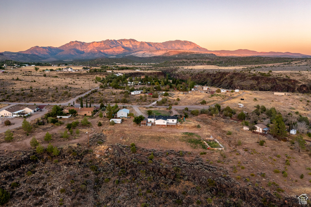 Aerial view at dusk with a mountain view