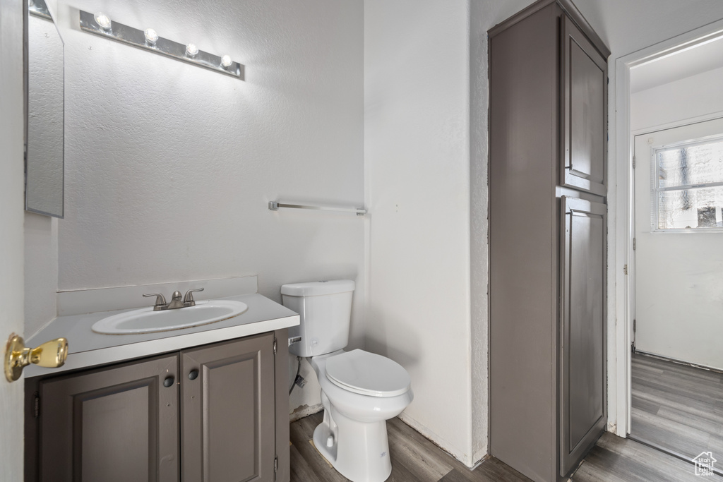 Bathroom with vanity, hardwood / wood-style floors, and toilet