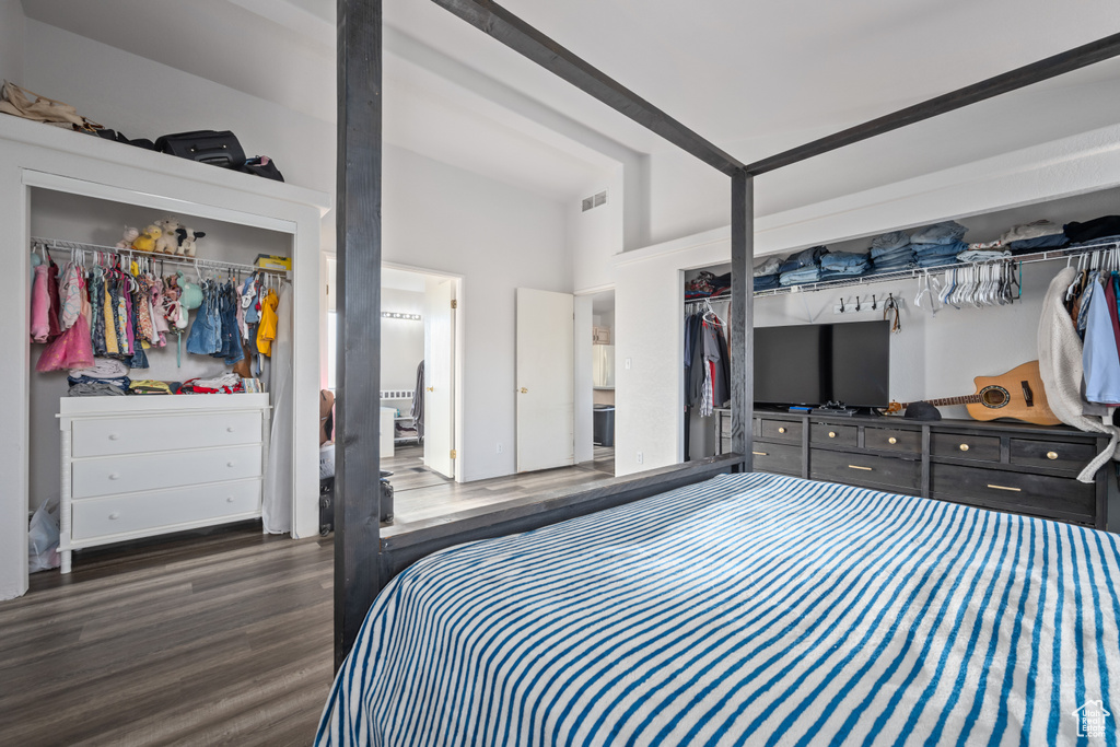 Bedroom with hardwood / wood-style flooring and a closet