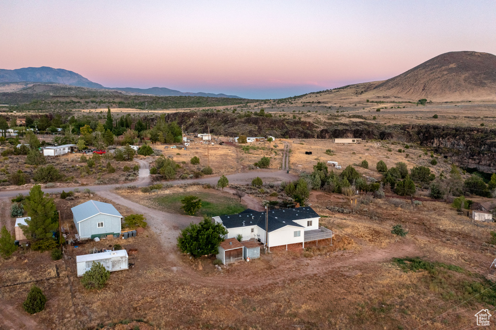 Aerial view at dusk with a mountain view