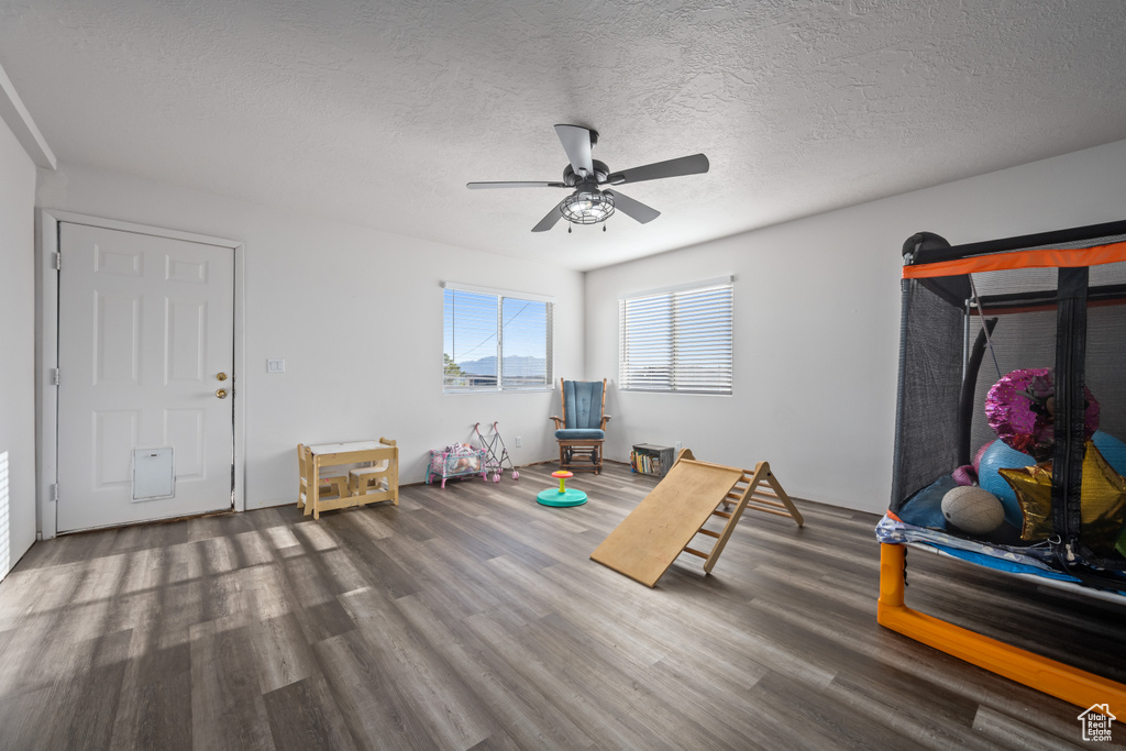 Recreation room featuring ceiling fan, a textured ceiling, and wood-type flooring