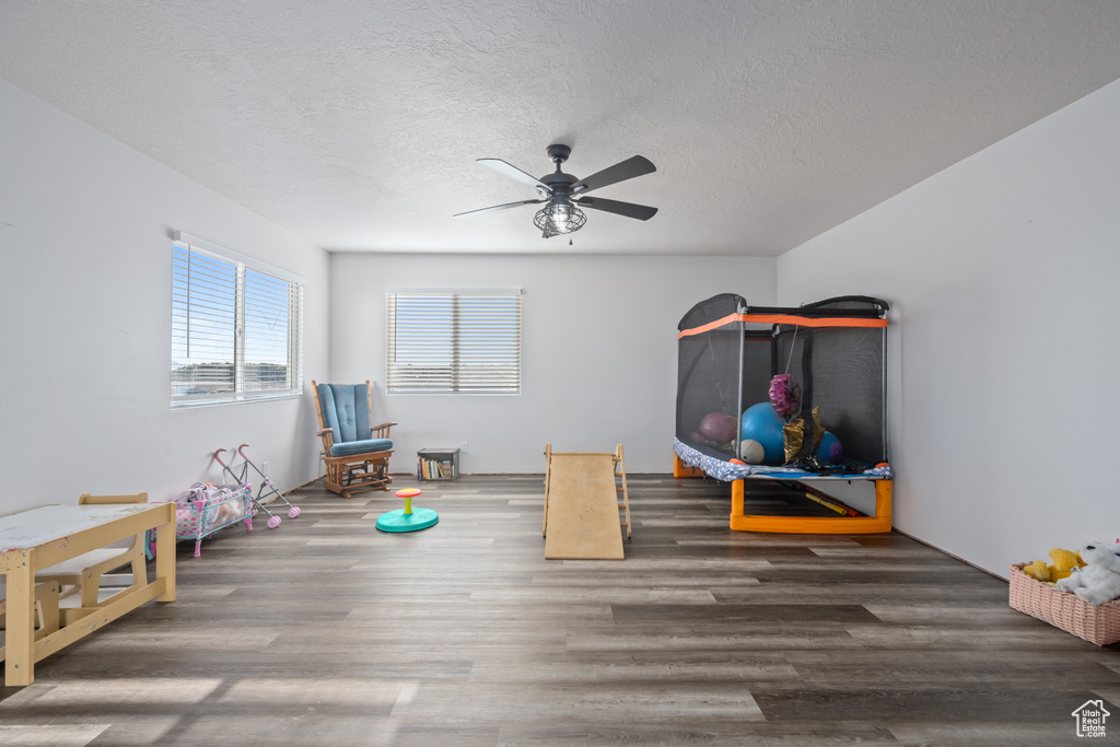 Rec room with ceiling fan, a textured ceiling, and wood-type flooring