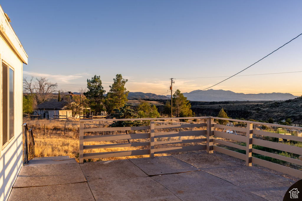 View of patio with a mountain view