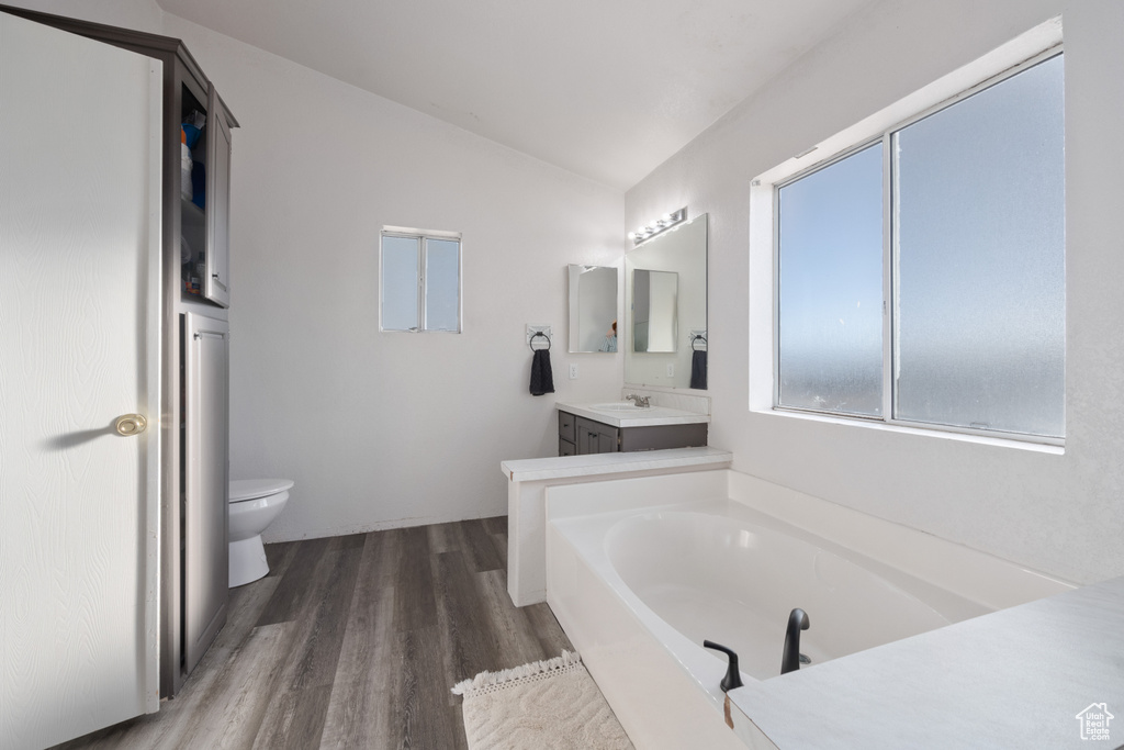 Bathroom with a tub, wood-type flooring, vaulted ceiling, vanity, and toilet