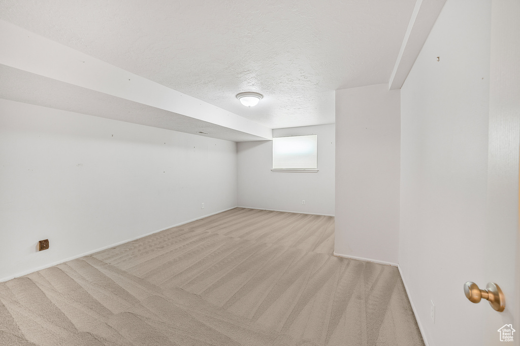 Interior space featuring light colored carpet and a textured ceiling