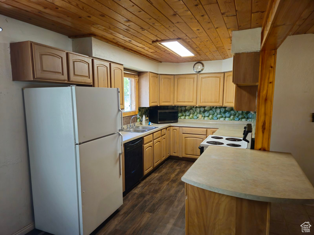 Kitchen with backsplash, dark hardwood / wood-style floors, black appliances, light brown cabinets, and wooden ceiling