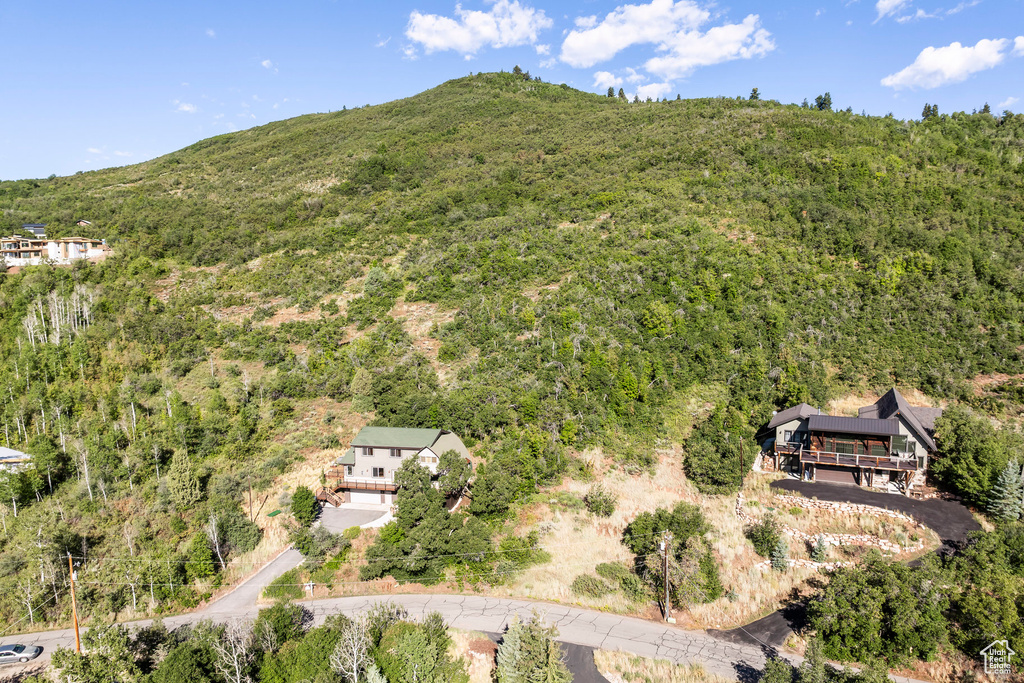 View from above of property featuring a forest and a mountain backdrop