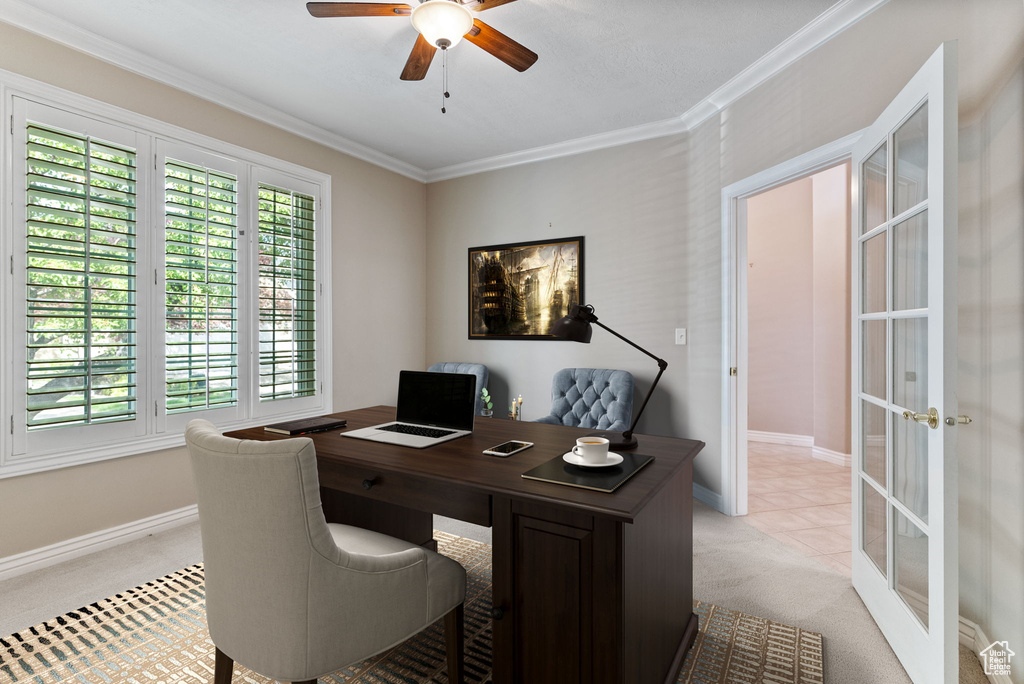 Home office featuring crown molding, light colored carpet, and ceiling fan