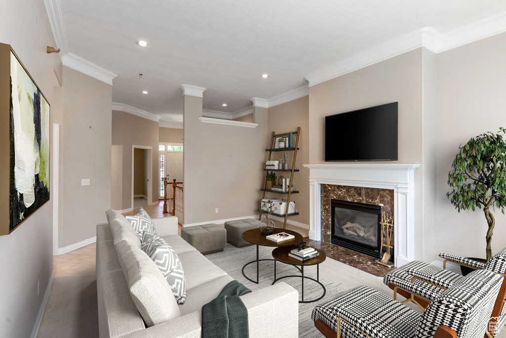 Living room with ornamental molding, light carpet, and a premium fireplace