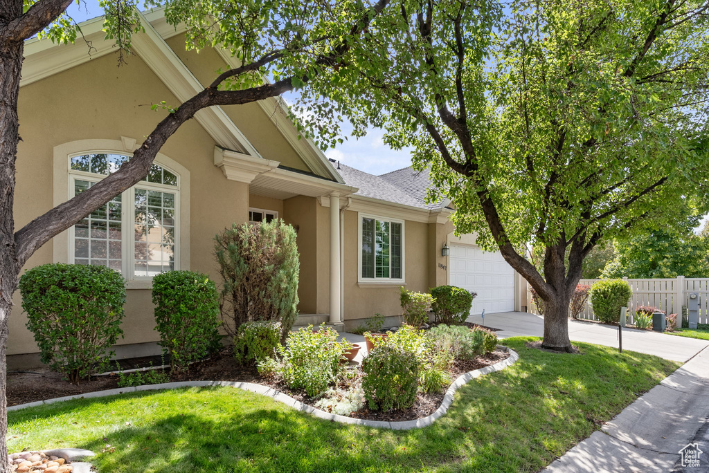 Exterior space featuring a garage