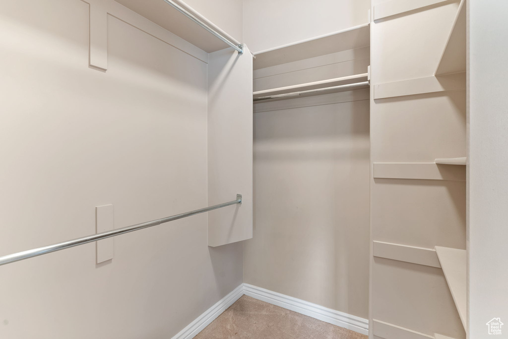 Walk in closet featuring light colored carpet