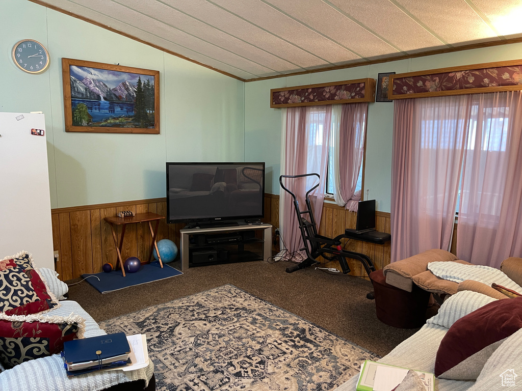 Carpeted living room featuring vaulted ceiling