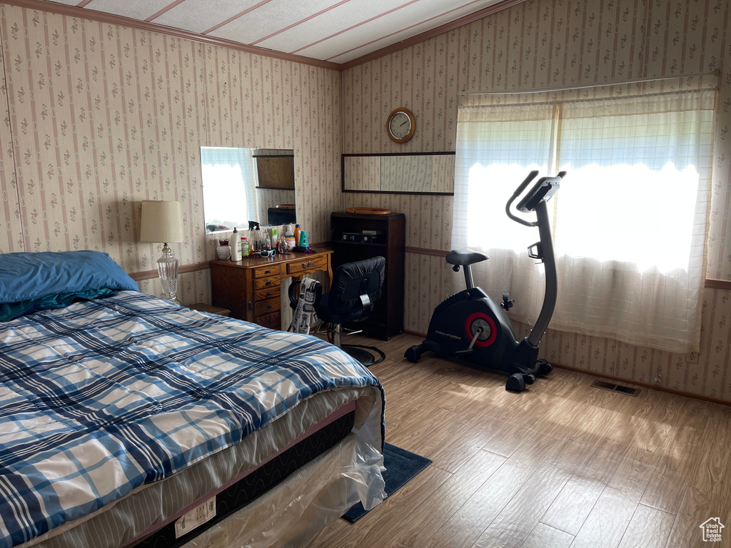 Bedroom with multiple windows and wood-type flooring