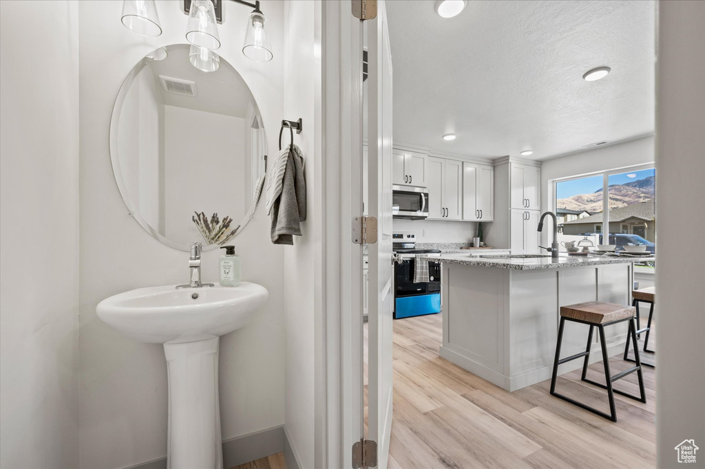 Bathroom featuring hardwood / wood-style flooring, a textured ceiling, and sink