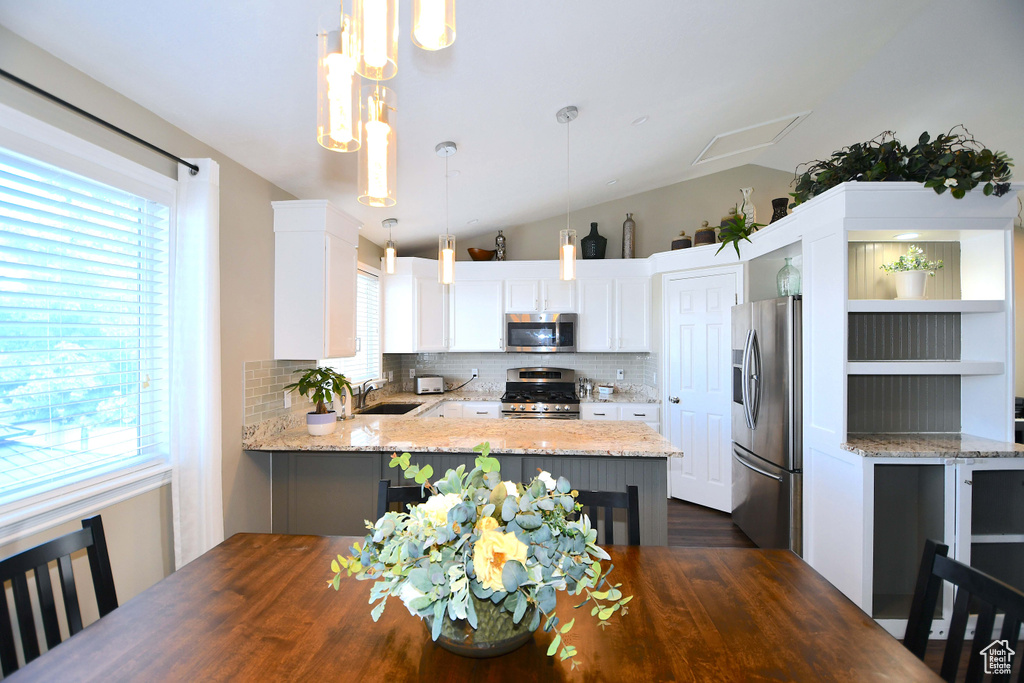 Kitchen with appliances with stainless steel finishes, lofted ceiling, a healthy amount of sunlight, and light stone countertops