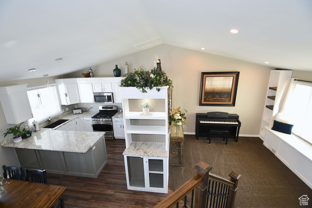 Kitchen featuring stainless steel appliances, white cabinetry, light stone countertops, dark hardwood / wood-style flooring, and vaulted ceiling