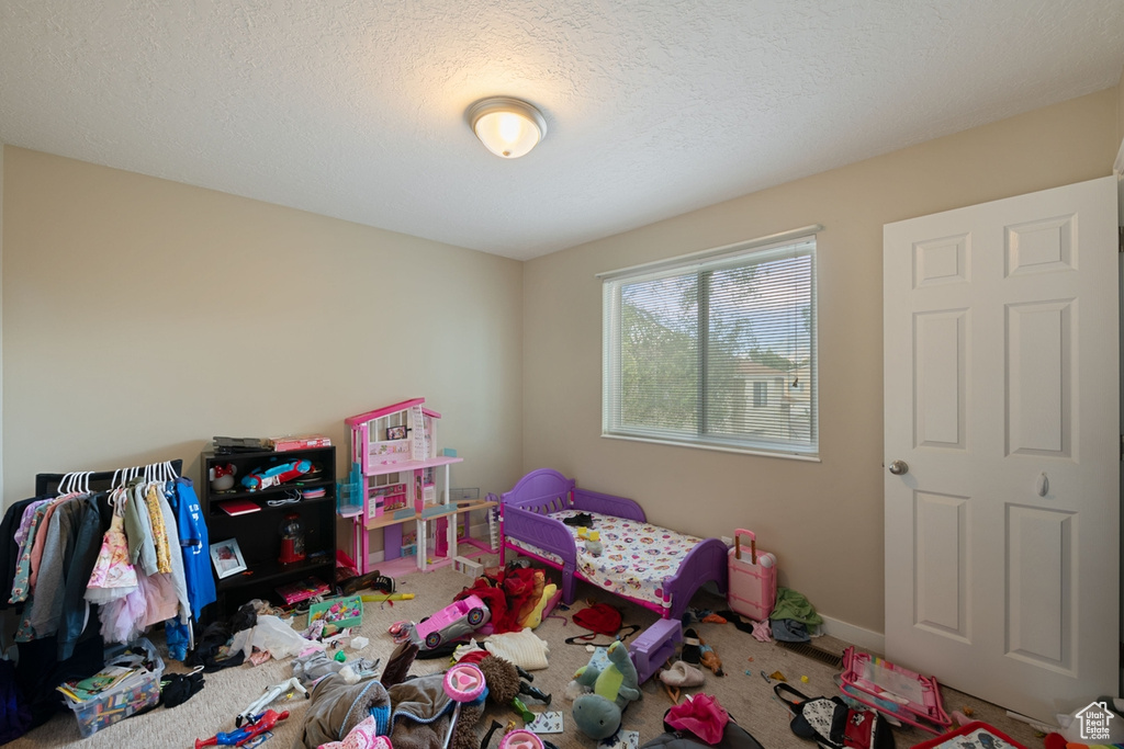 Recreation room featuring a textured ceiling and carpet