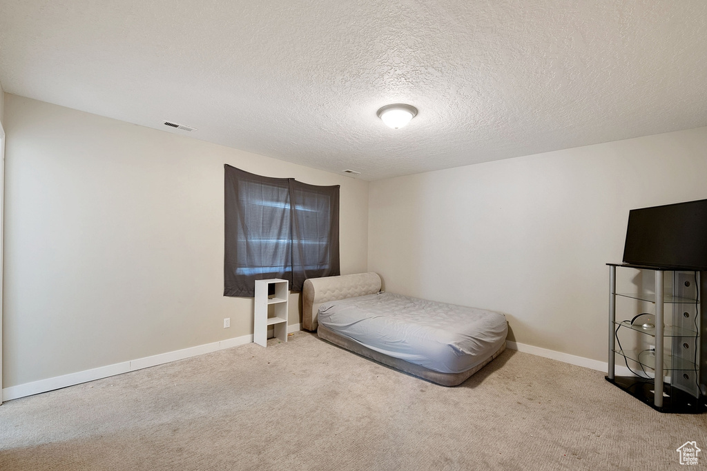 Carpeted bedroom with a textured ceiling