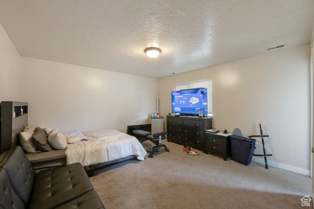 Carpeted bedroom featuring a textured ceiling