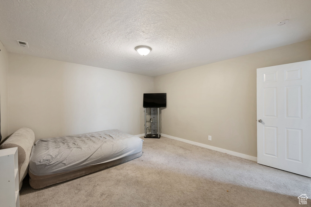 Bedroom with light colored carpet and a textured ceiling