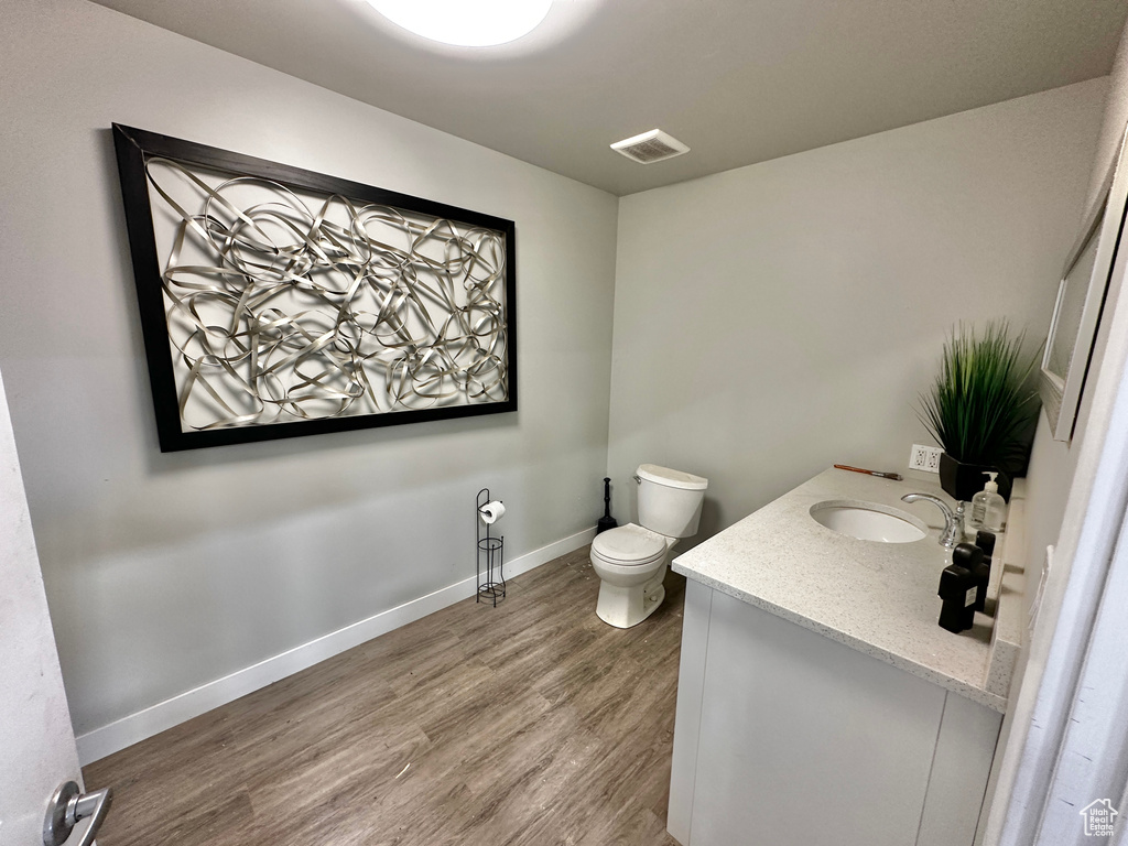 Bathroom featuring toilet, vanity, and wood-type flooring