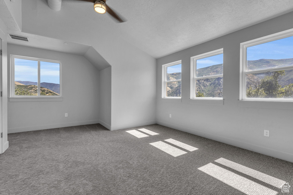 Additional living space with a textured ceiling, carpet flooring, ceiling fan, and vaulted ceiling