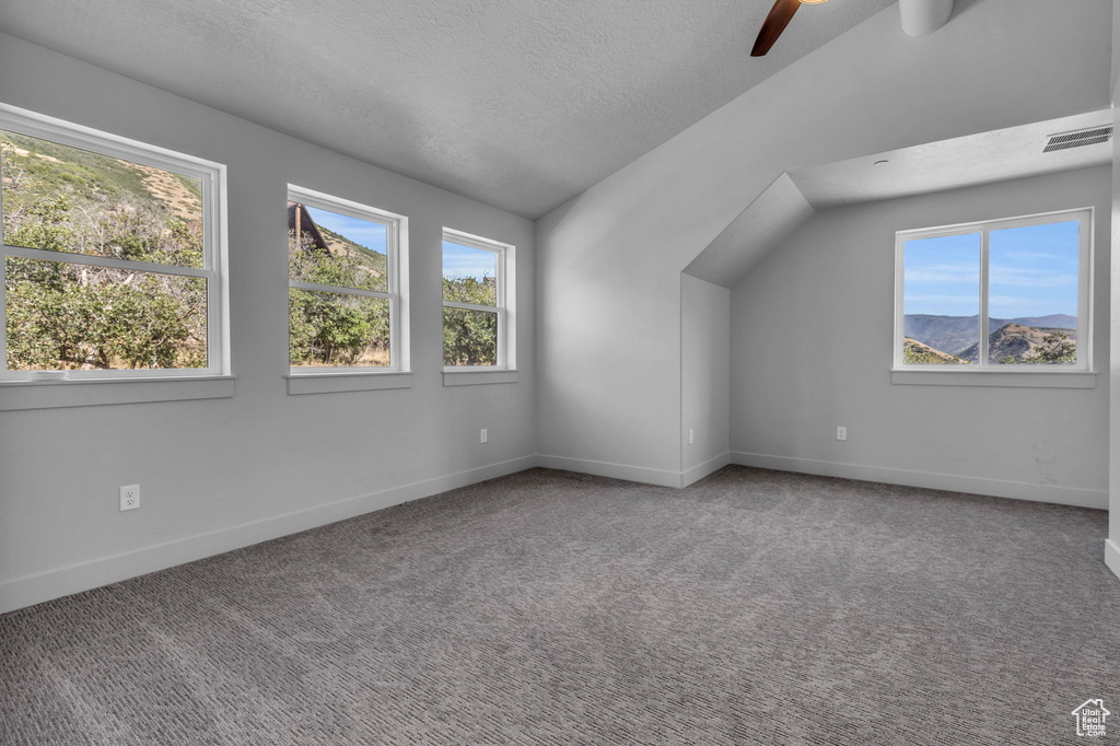 Additional living space featuring ceiling fan, lofted ceiling, carpet, and a healthy amount of sunlight