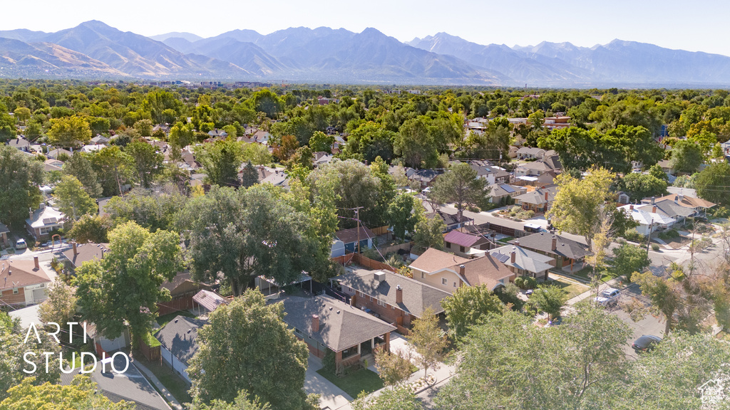 Aerial view featuring a mountain view