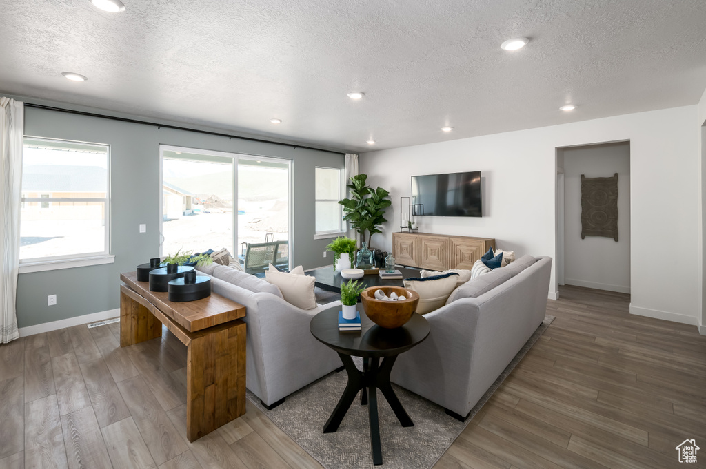 Living room featuring a textured ceiling and hardwood / wood-style floors