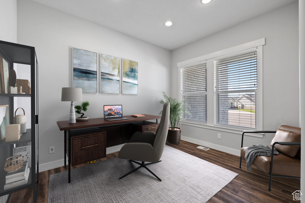 Office featuring dark hardwood / wood-style floors