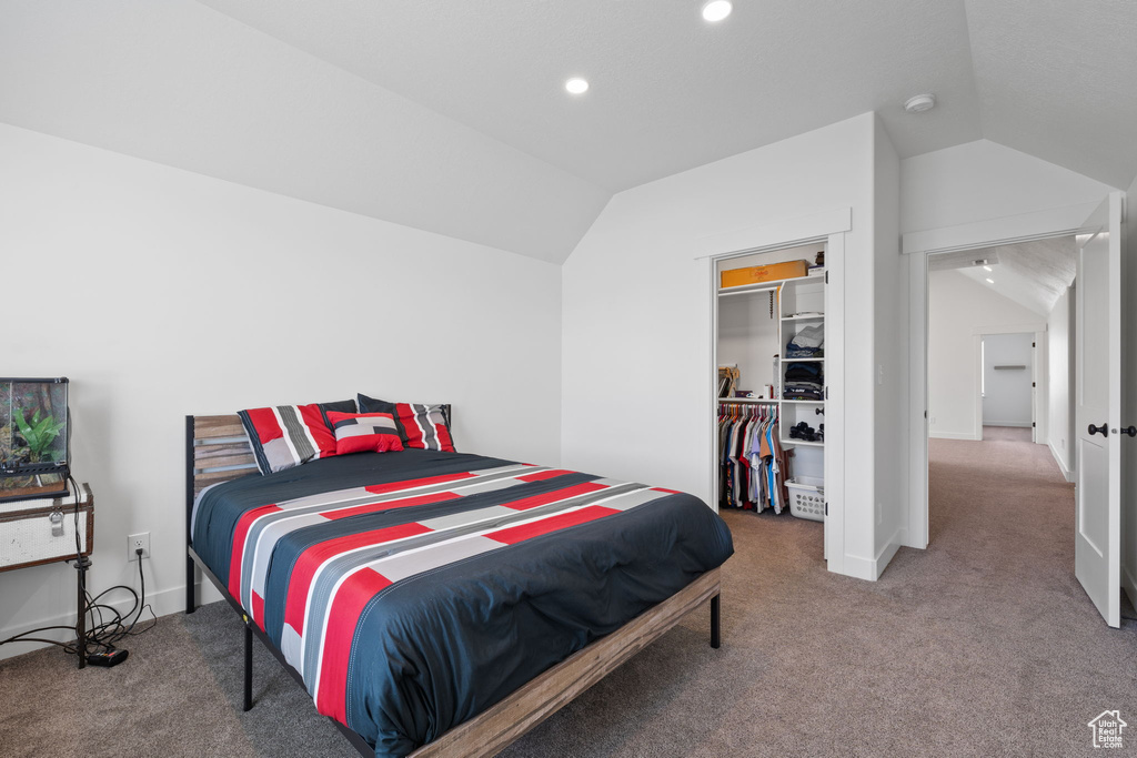 Bedroom featuring carpet, vaulted ceiling, a walk in closet, and a closet