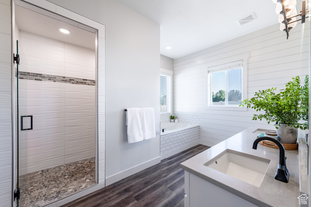 Bathroom with vanity, hardwood / wood-style floors, and plus walk in shower