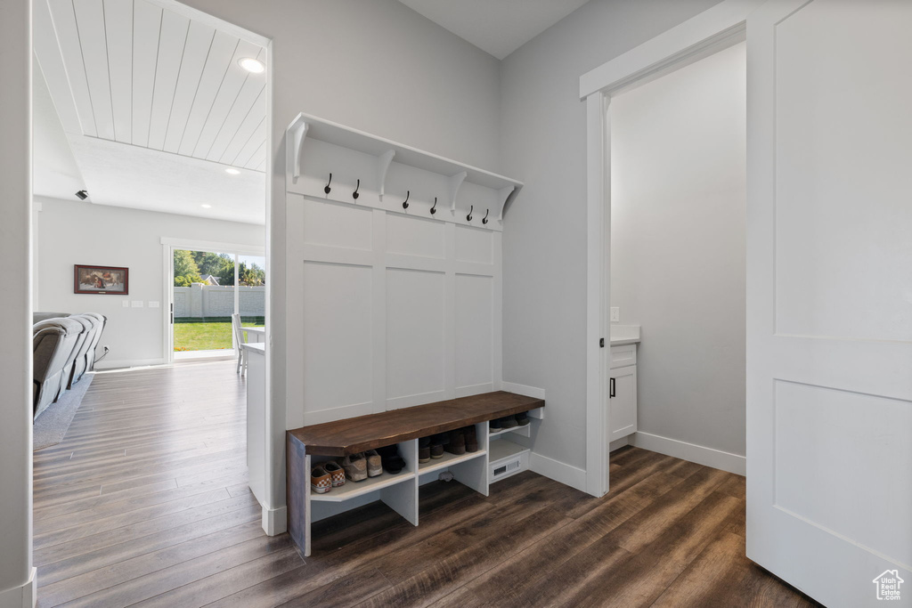 Mudroom featuring dark wood-type flooring