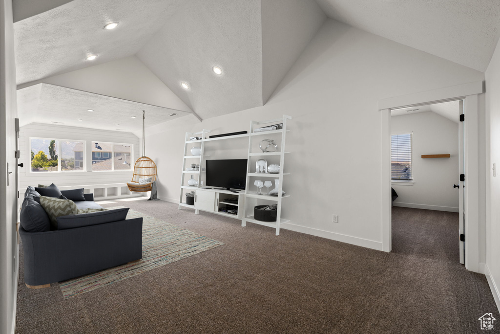 Carpeted living room featuring a textured ceiling and high vaulted ceiling