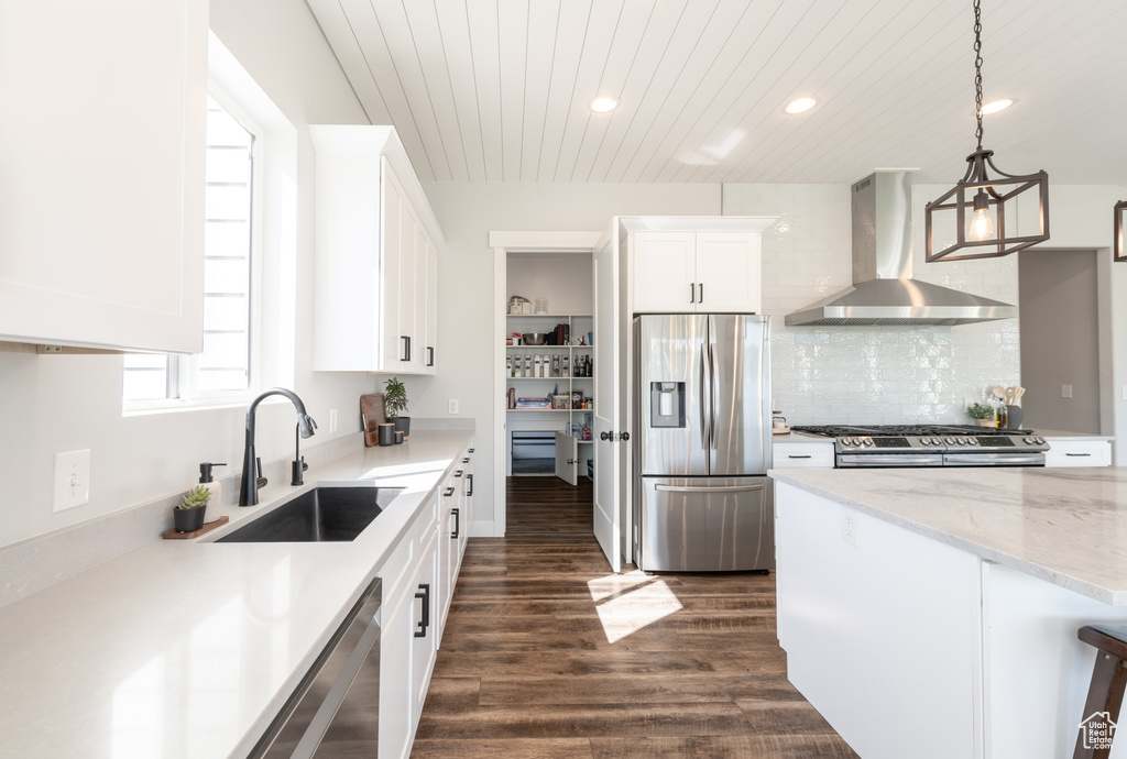 Kitchen featuring decorative light fixtures, appliances with stainless steel finishes, dark hardwood / wood-style flooring, sink, and wall chimney exhaust hood