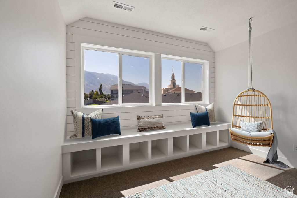 Living area featuring lofted ceiling, a mountain view, and carpet floors