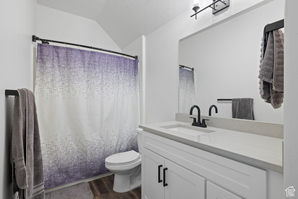 Bathroom with curtained shower, toilet, lofted ceiling, wood-type flooring, and vanity