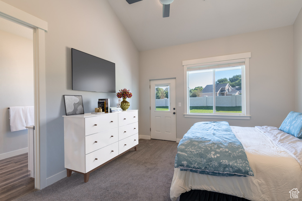 Carpeted bedroom featuring lofted ceiling and ceiling fan