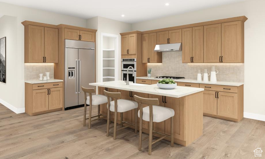 Kitchen with tasteful backsplash, stainless steel appliances, light hardwood / wood-style floors, and a kitchen island with sink