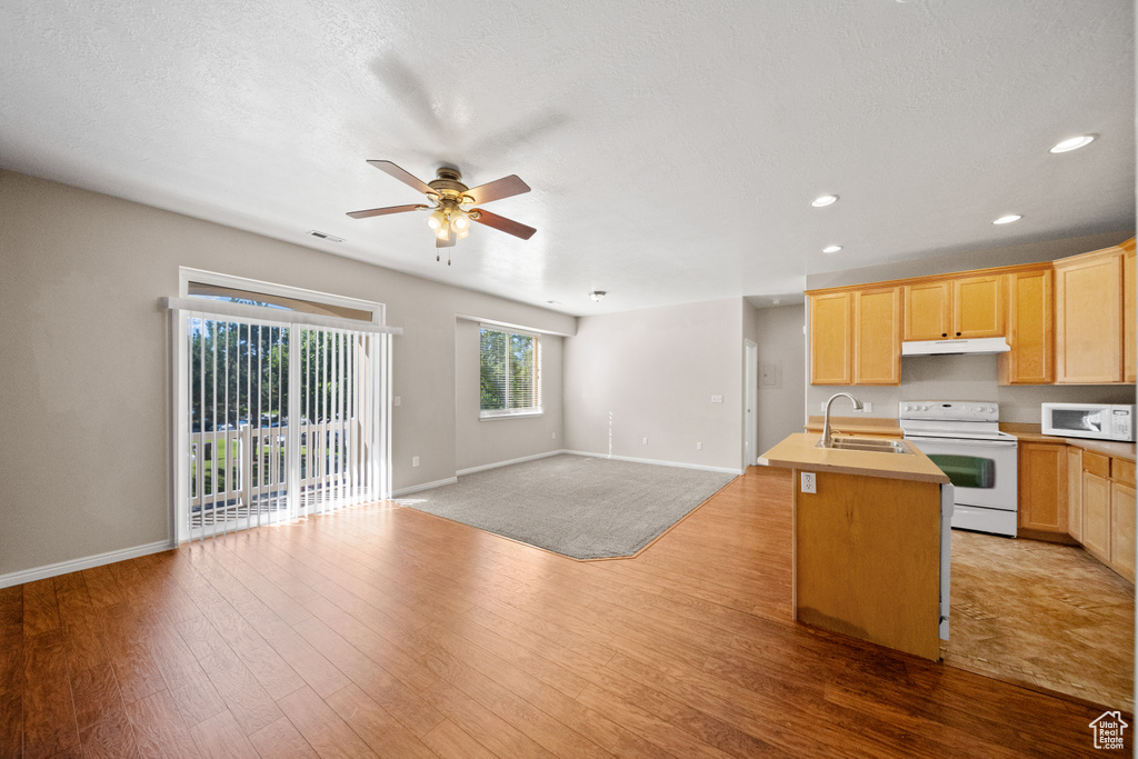 Kitchen with sink, light hardwood / wood-style flooring, white appliances, an island with sink, and light brown cabinets